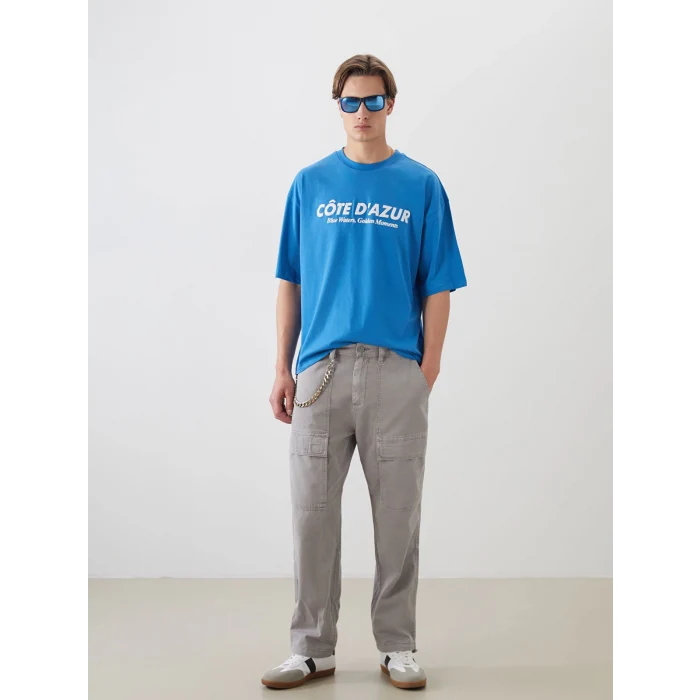 XSIDE Mavi Bisiklet Yaka Baskılı Penye Erkek Tişört