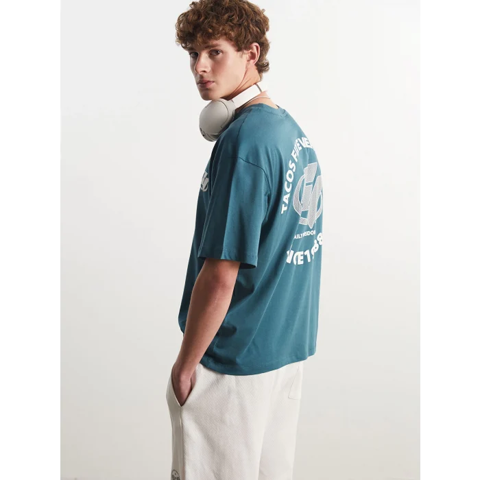 XSIDE Petrol Bisiklet Yaka Baskılı Penye Erkek Tişört