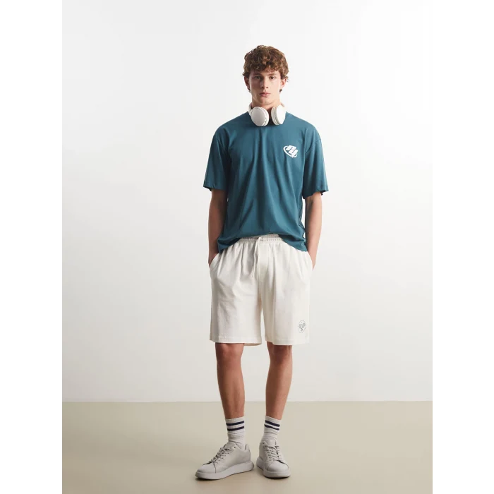 XSIDE Petrol Bisiklet Yaka Baskılı Penye Erkek Tişört