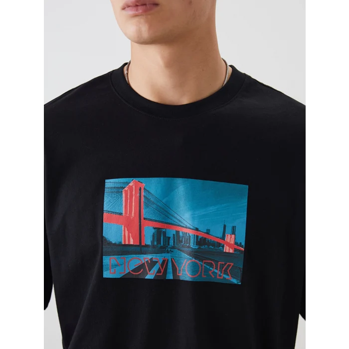 XSIDE Siyah Bisiklet Yaka New York Baskılı Penye Erkek Tişört