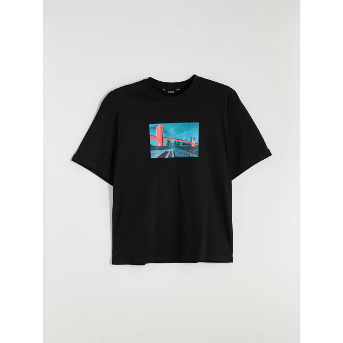 XSIDE Siyah Bisiklet Yaka New York Baskılı Penye Erkek Tişört