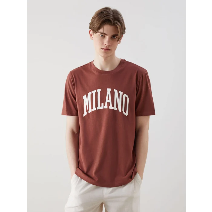 XSIDE Pembe Bisiklet Yaka Milano Baskılı Penye Erkek Tişört