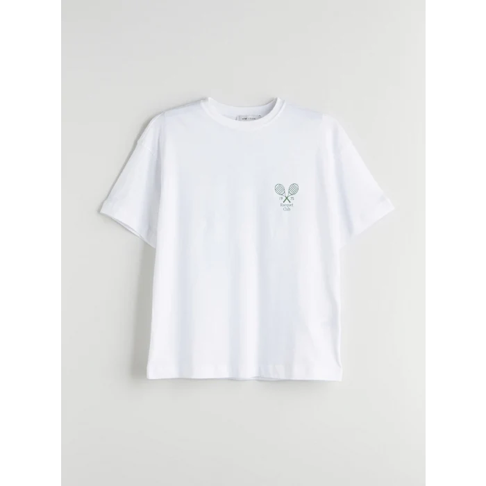 LCW Vision Beyaz Bisiklet Yaka Baskılı Oversize Kadın Tişört