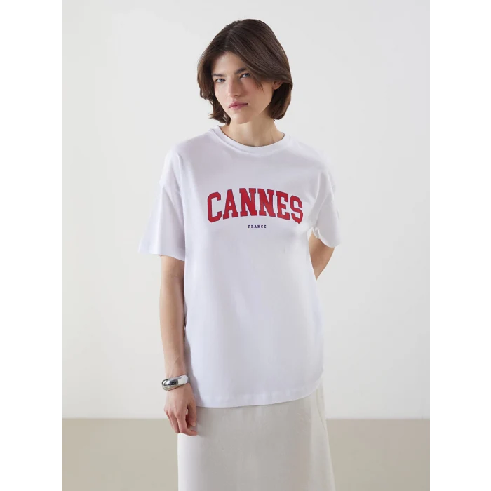 LCW Vision Beyaz Cannes Baskılı Oversize Kadın Tişört