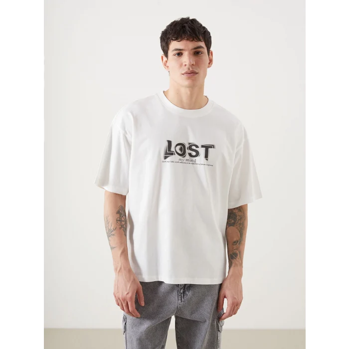 XSIDE Ekru Bisiklet Yaka Kısa Kollu Baskılı Penye Erkek Tişört