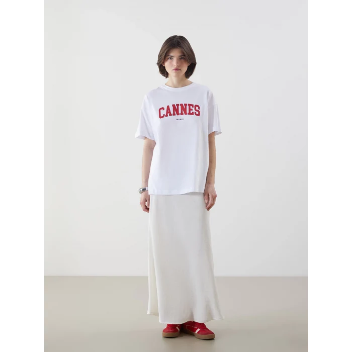 LCW Vision Beyaz Cannes Baskılı Oversize Kadın Tişört