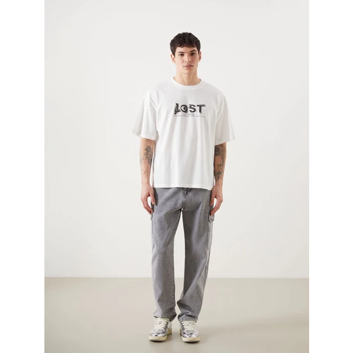 XSIDE Ekru Bisiklet Yaka Kısa Kollu Baskılı Penye Erkek Tişört