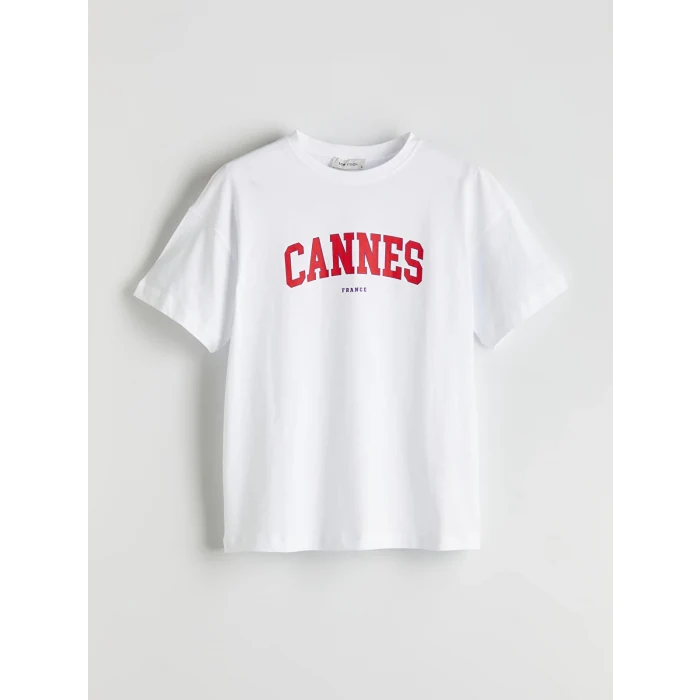 LCW Vision Beyaz Cannes Baskılı Oversize Kadın Tişört