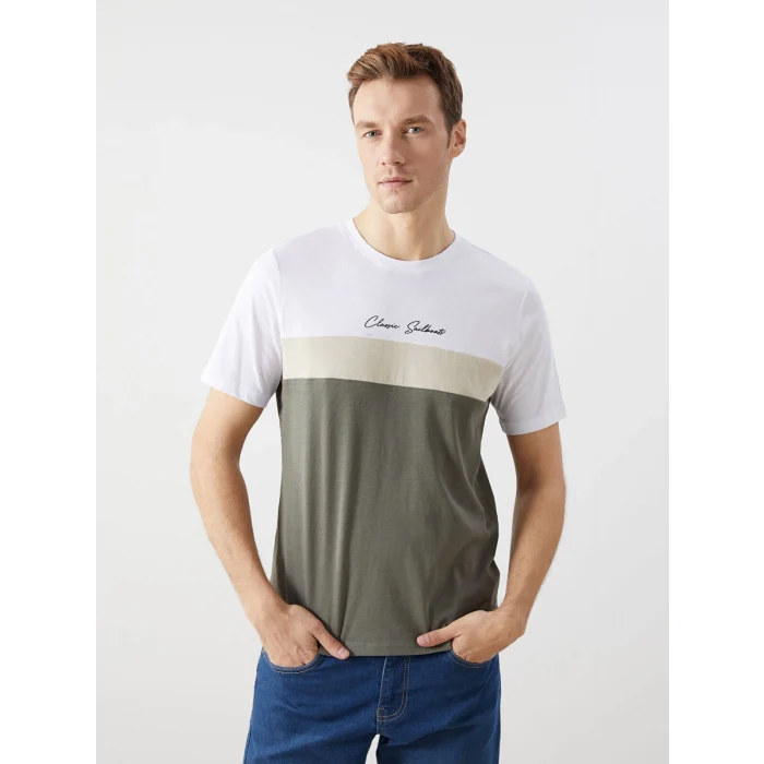 LCWAIKIKI Classic Beyaz Bisiklet Yaka Kısa Kollu Renk Bloklu Erkek Tişört