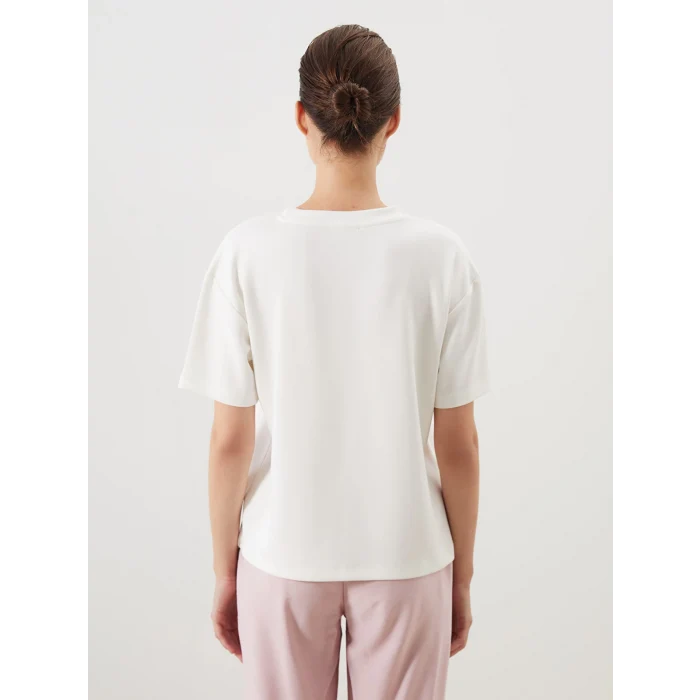 LCW Comfort Ekru Bisiklet Yaka Baskılı Kadın Tişört