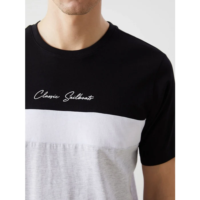 LCWAIKIKI Classic Siyah Bisiklet Yaka Kısa Kollu Renk Bloklu Erkek Tişört