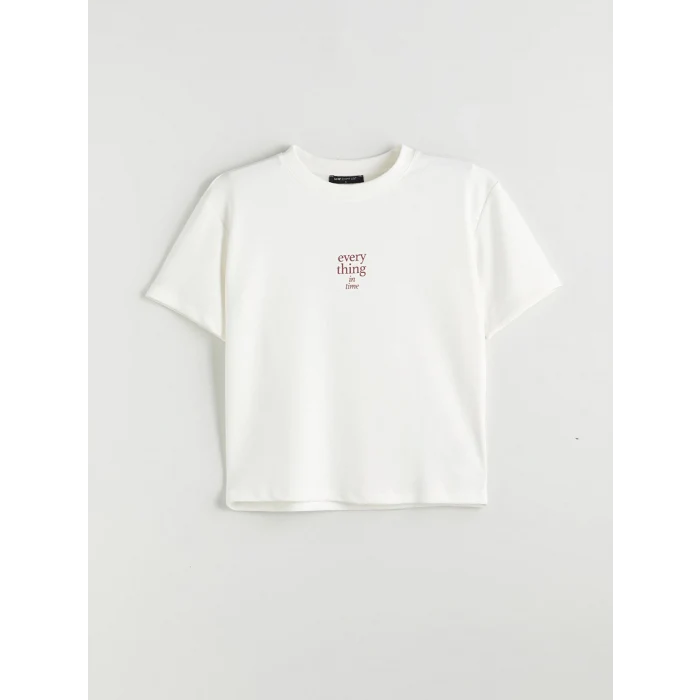 LCW Comfort Ekru Bisiklet Yaka Baskılı Kadın Tişört