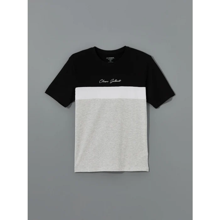 LCWAIKIKI Classic Siyah Bisiklet Yaka Kısa Kollu Renk Bloklu Erkek Tişört
