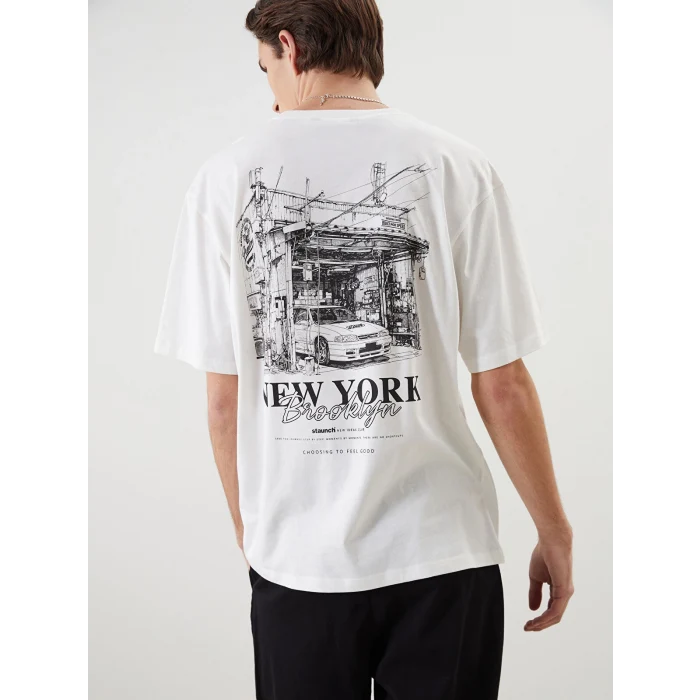 XSIDE Ekru Bisiklet Yaka New York Baskılı Penye Erkek Tişört