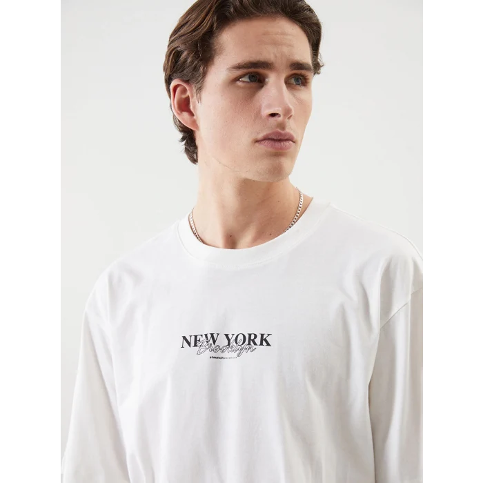 XSIDE Ekru Bisiklet Yaka New York Baskılı Penye Erkek Tişört