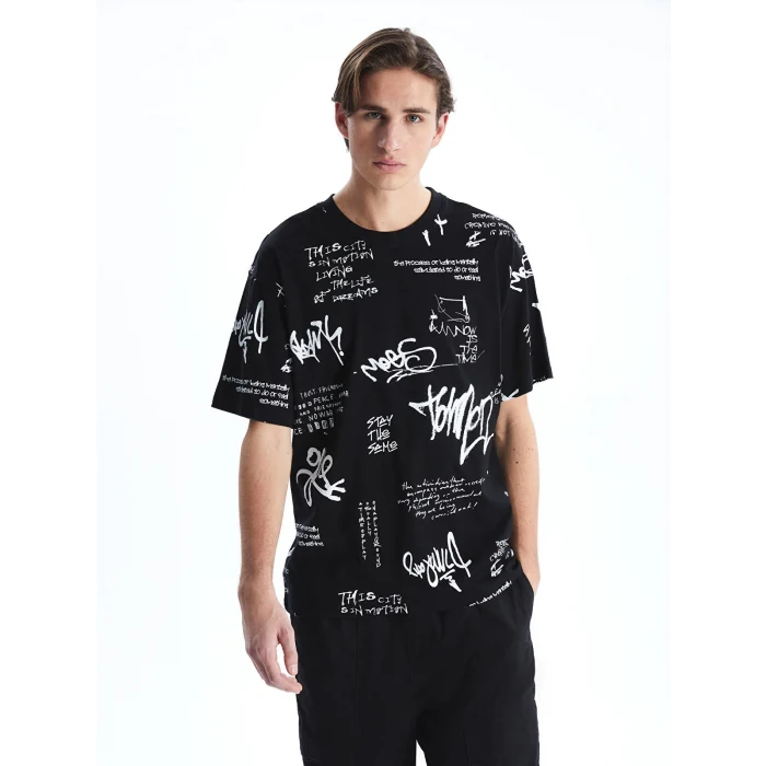XSIDE Siyah Bisiklet Yaka Baskılı Penye Erkek Tişört