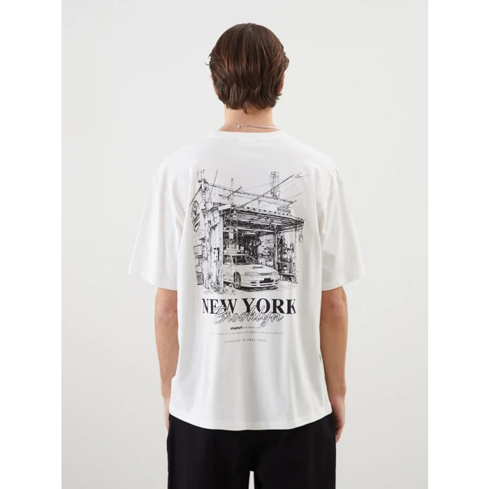 XSIDE Ekru Bisiklet Yaka New York Baskılı Penye Erkek Tişört