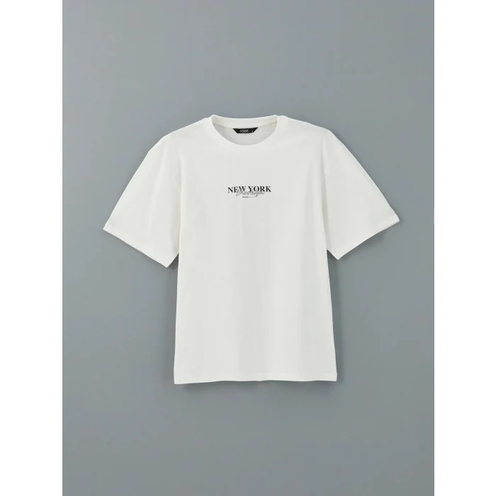 XSIDE Ekru Bisiklet Yaka New York Baskılı Penye Erkek Tişört