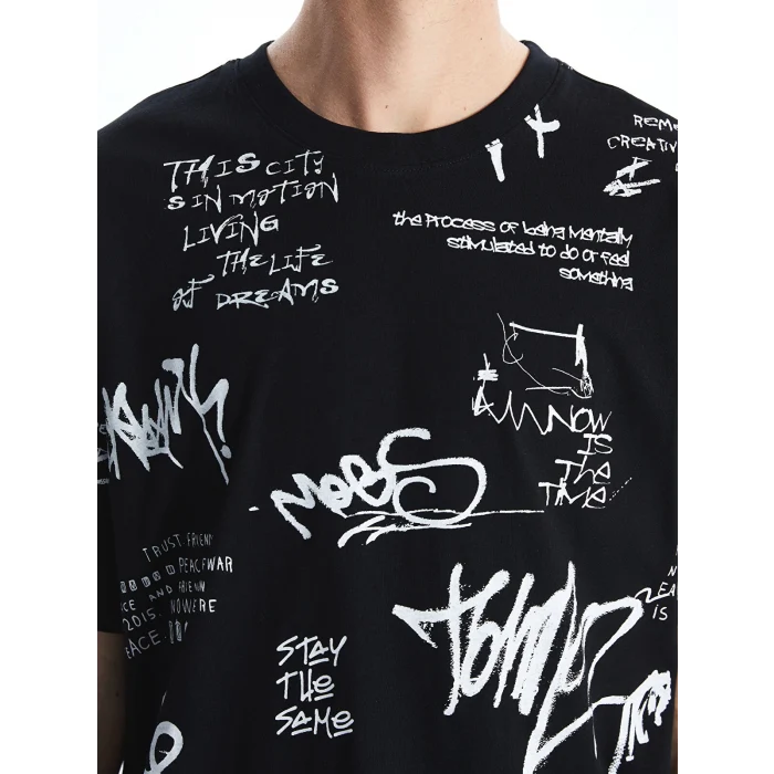 XSIDE Siyah Bisiklet Yaka Baskılı Penye Erkek Tişört