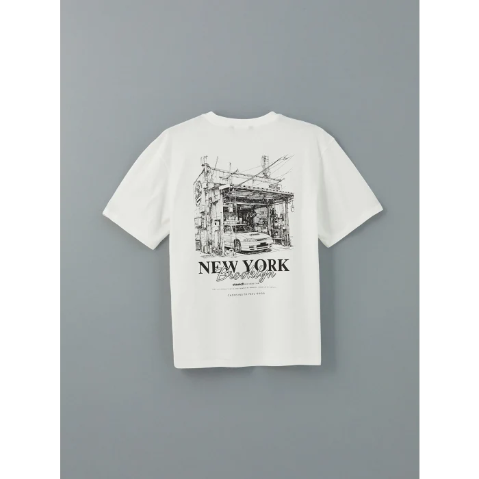 XSIDE Ekru Bisiklet Yaka New York Baskılı Penye Erkek Tişört