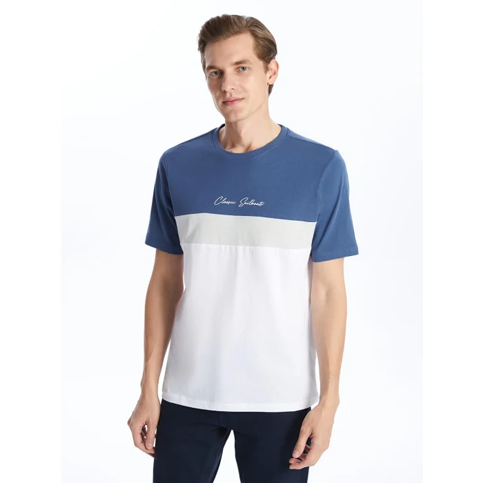 LCWAIKIKI Classic Indigo Bisiklet Yaka Kısa Kollu Renk Bloklu Erkek Tişört