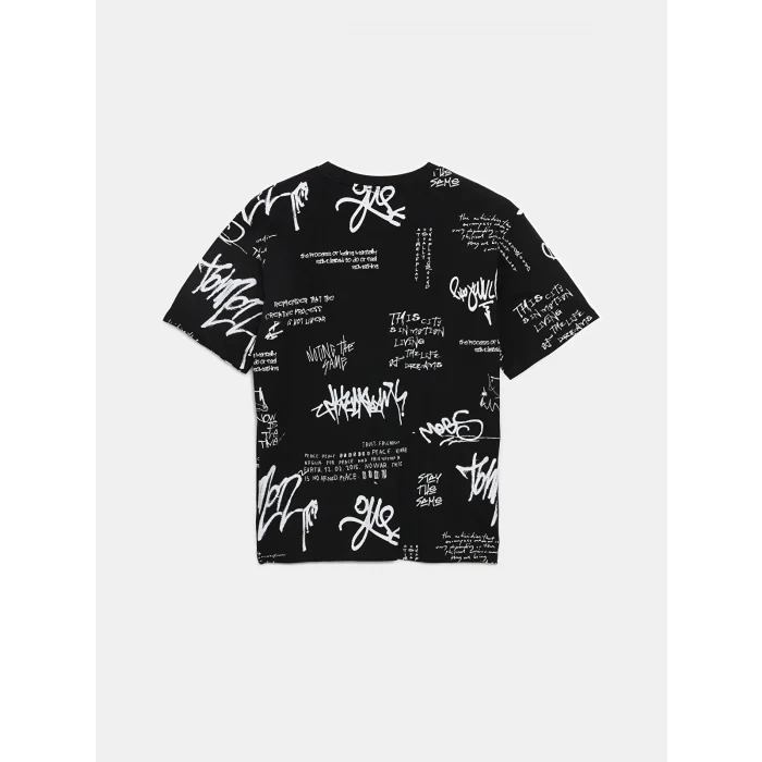 XSIDE Siyah Bisiklet Yaka Baskılı Penye Erkek Tişört