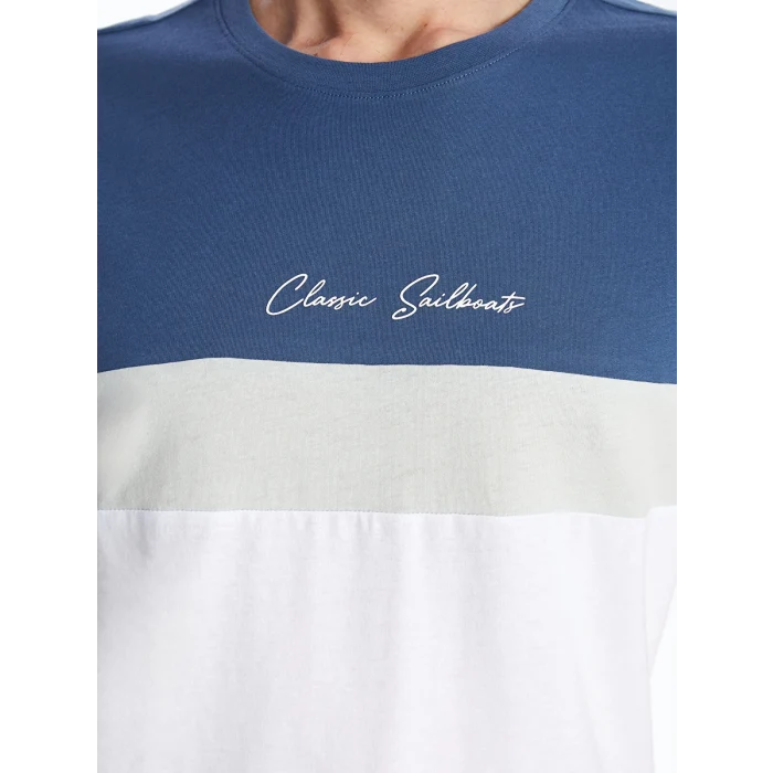 LCWAIKIKI Classic Indigo Bisiklet Yaka Kısa Kollu Renk Bloklu Erkek Tişört