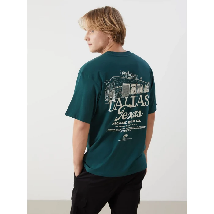 XSIDE Yeşil Bisiklet Yaka Dallas Baskılı Penye Erkek Tişört