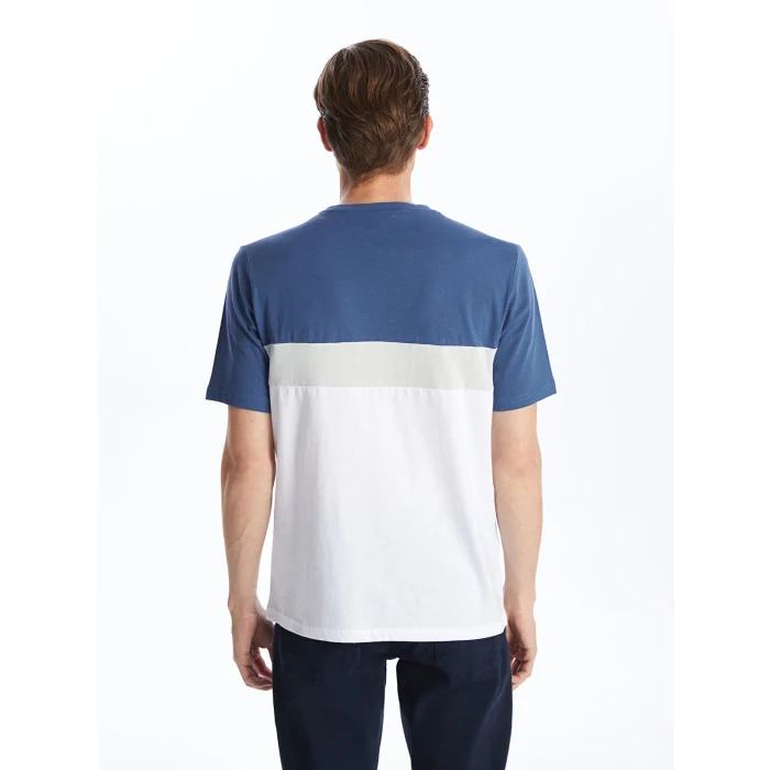 LCWAIKIKI Classic Indigo Bisiklet Yaka Kısa Kollu Renk Bloklu Erkek Tişört