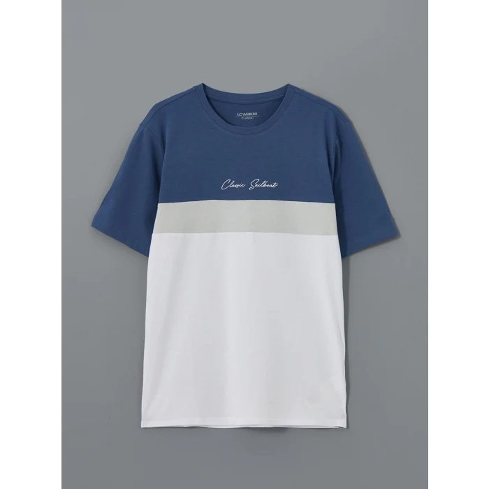 LCWAIKIKI Classic Indigo Bisiklet Yaka Kısa Kollu Renk Bloklu Erkek Tişört