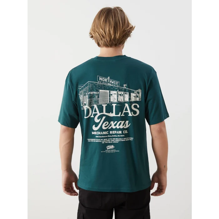 XSIDE Yeşil Bisiklet Yaka Dallas Baskılı Penye Erkek Tişört