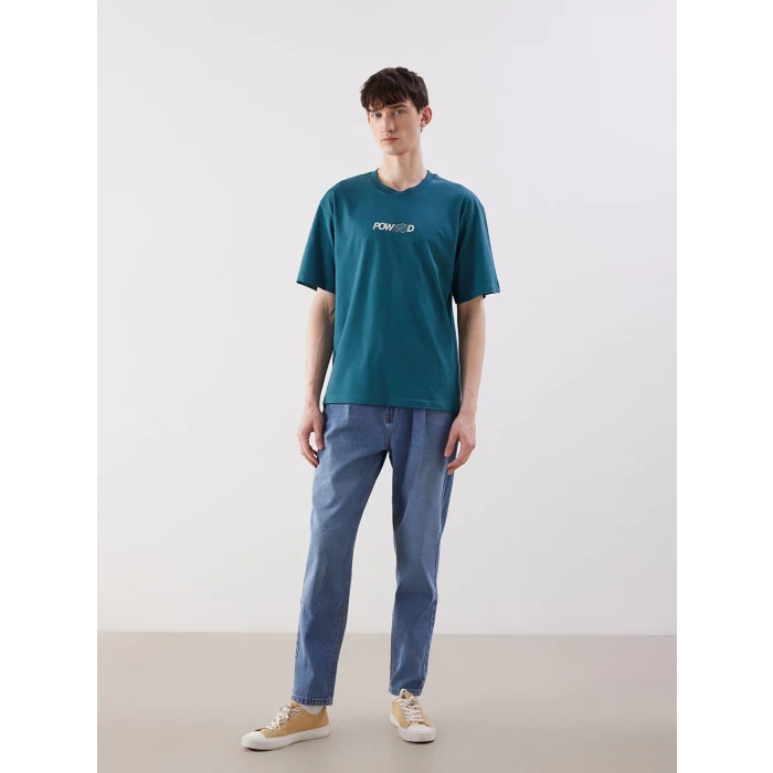 XSIDE Petrol Bisiklet Yaka Baskılı Penye Erkek Tişört