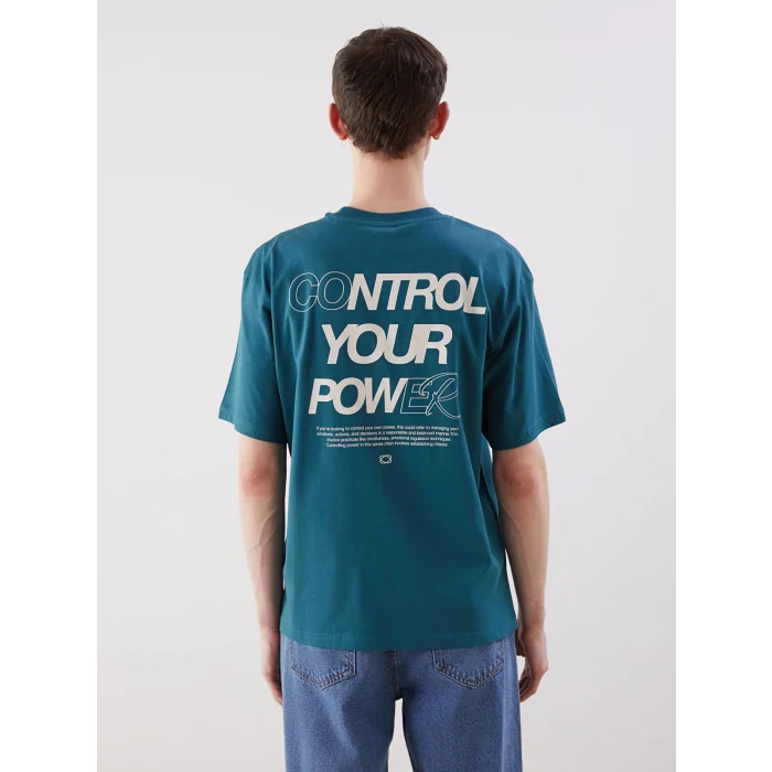 XSIDE Petrol Bisiklet Yaka Baskılı Penye Erkek Tişört