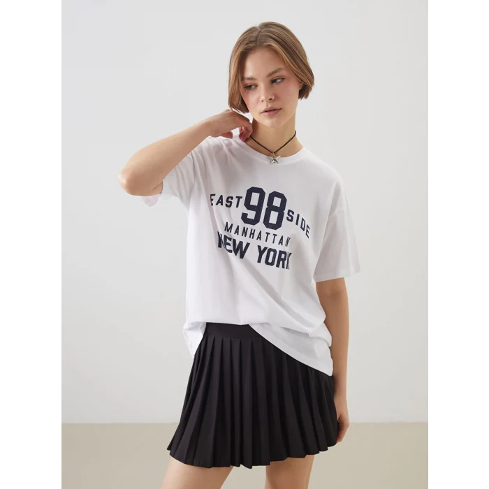 XSIDE Beyaz Bisiklet Yaka New York Baskılı Kadın Tişört