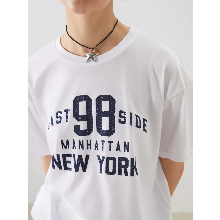 XSIDE Beyaz Bisiklet Yaka New York Baskılı Kadın Tişört