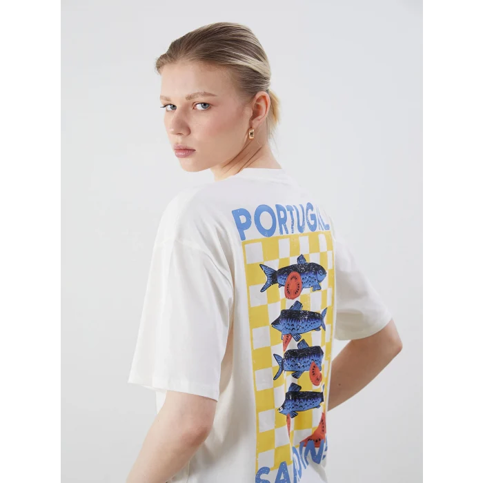 LCW Vision Ekru Bisiklet Yaka Baskılı Oversize Kadın Tişört