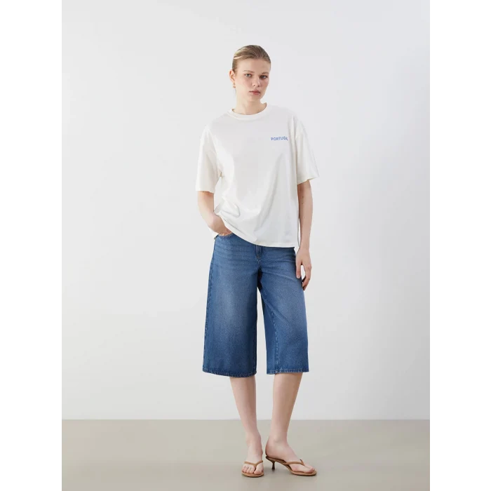 LCW Vision Ekru Bisiklet Yaka Baskılı Oversize Kadın Tişört