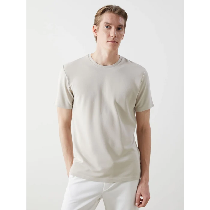 LCW Vision Bej Bisiklet Yaka Kısa Kollu Erkek Tişört