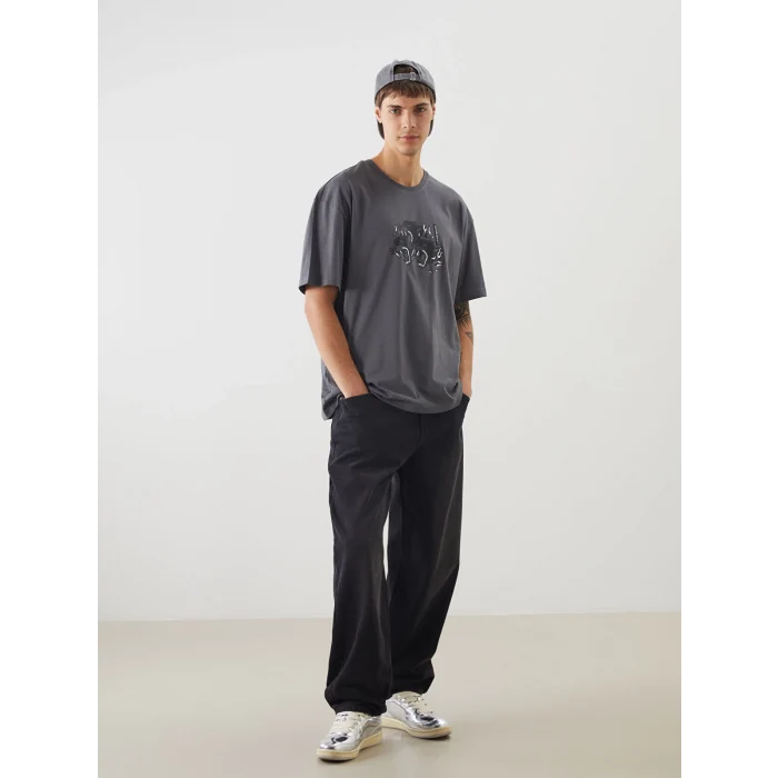 XSIDE Antrasit Bisiklet Yaka Baskılı Penye Erkek Tişört