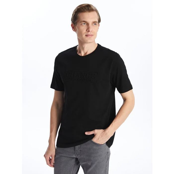 LCWAIKIKI Classic Siyah Bisiklet Yaka Kısa Kollu Baskılı Penye Erkek Tişört