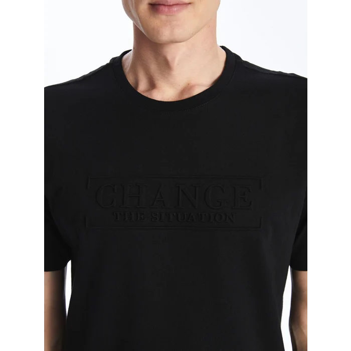 LCWAIKIKI Classic Siyah Bisiklet Yaka Kısa Kollu Baskılı Penye Erkek Tişört