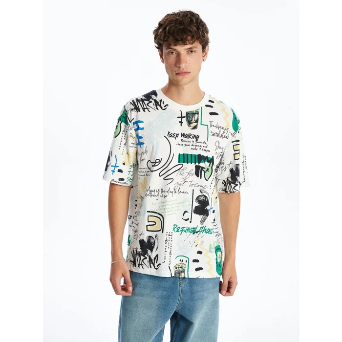 XSIDE Ekru Bisiklet Yaka Baskılı Penye Erkek Tişört