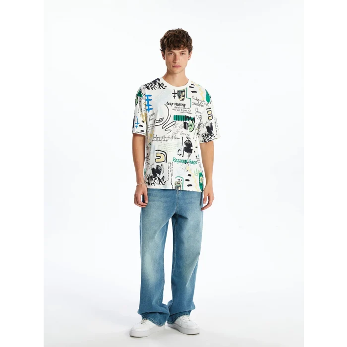 XSIDE Ekru Bisiklet Yaka Baskılı Penye Erkek Tişört