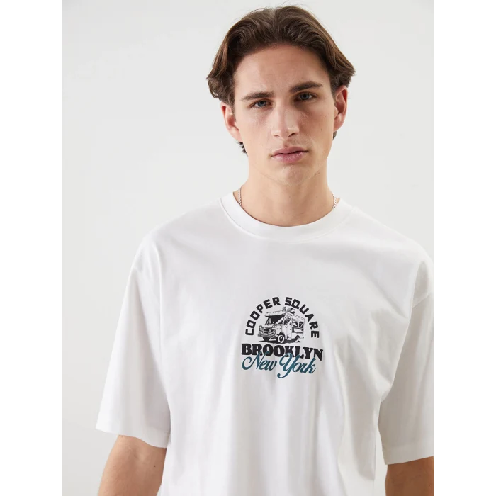 XSIDE Ekru Bisiklet Yaka Kısa Kollu Baskılı Penye Erkek Tişört