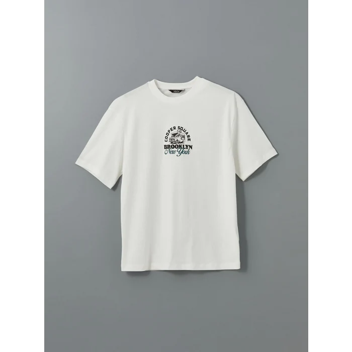 XSIDE Ekru Bisiklet Yaka Kısa Kollu Baskılı Penye Erkek Tişört