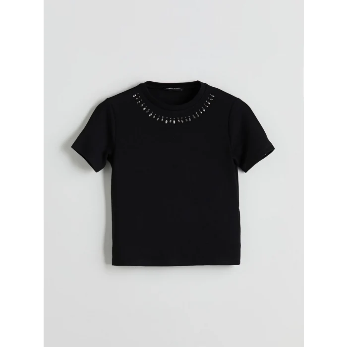 LCWAIKIKI Classic Siyah Bisiklet Yaka Taşlı Kadın Tişört