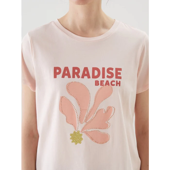 LCWAIKIKI Classic Pembe Bisiklet Yaka Baskılı Kadın Tişört