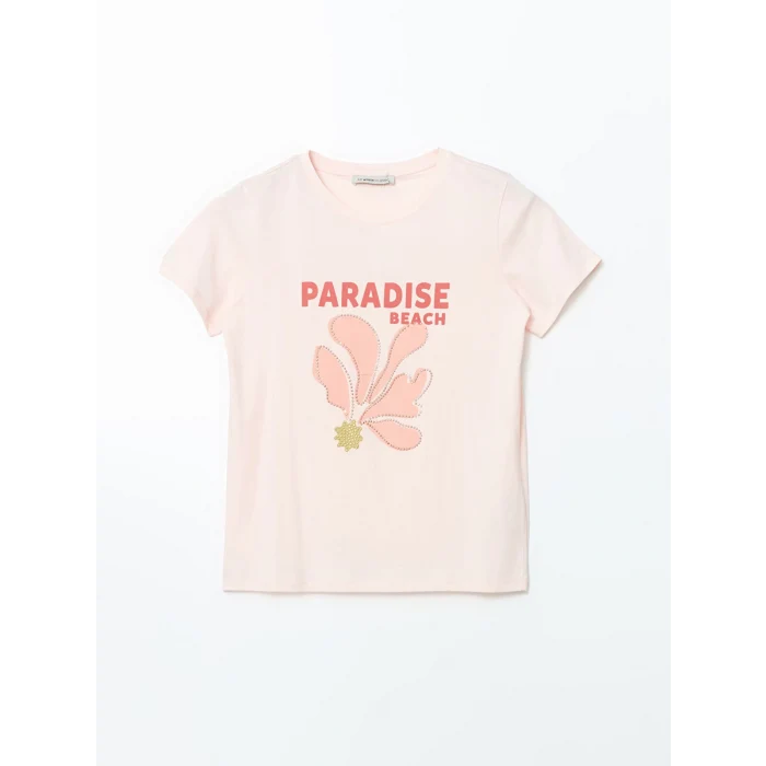 LCWAIKIKI Classic Pembe Bisiklet Yaka Baskılı Kadın Tişört