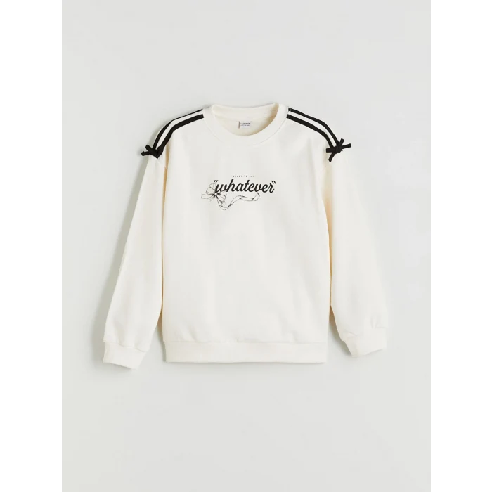 LCW Kids Ekru Bisiklet Yaka Baskılı Kız Çocuk Sweatshirt