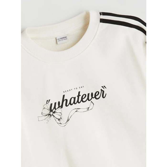 LCW Kids Ekru Bisiklet Yaka Baskılı Kız Çocuk Sweatshirt